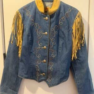 Embroidered Blue Denim Jacket with Brown Leather Fringe